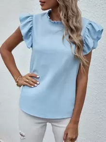 SHEIN Unity Mock Neck Lettuce Trim Ruffle Blouse - Baby Blue - View 8