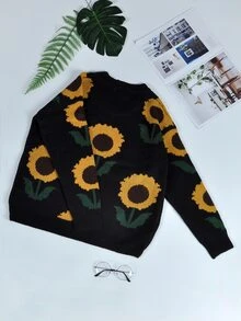 Sunflower Pattern Drop Shoulder Jumper - Black - View 2