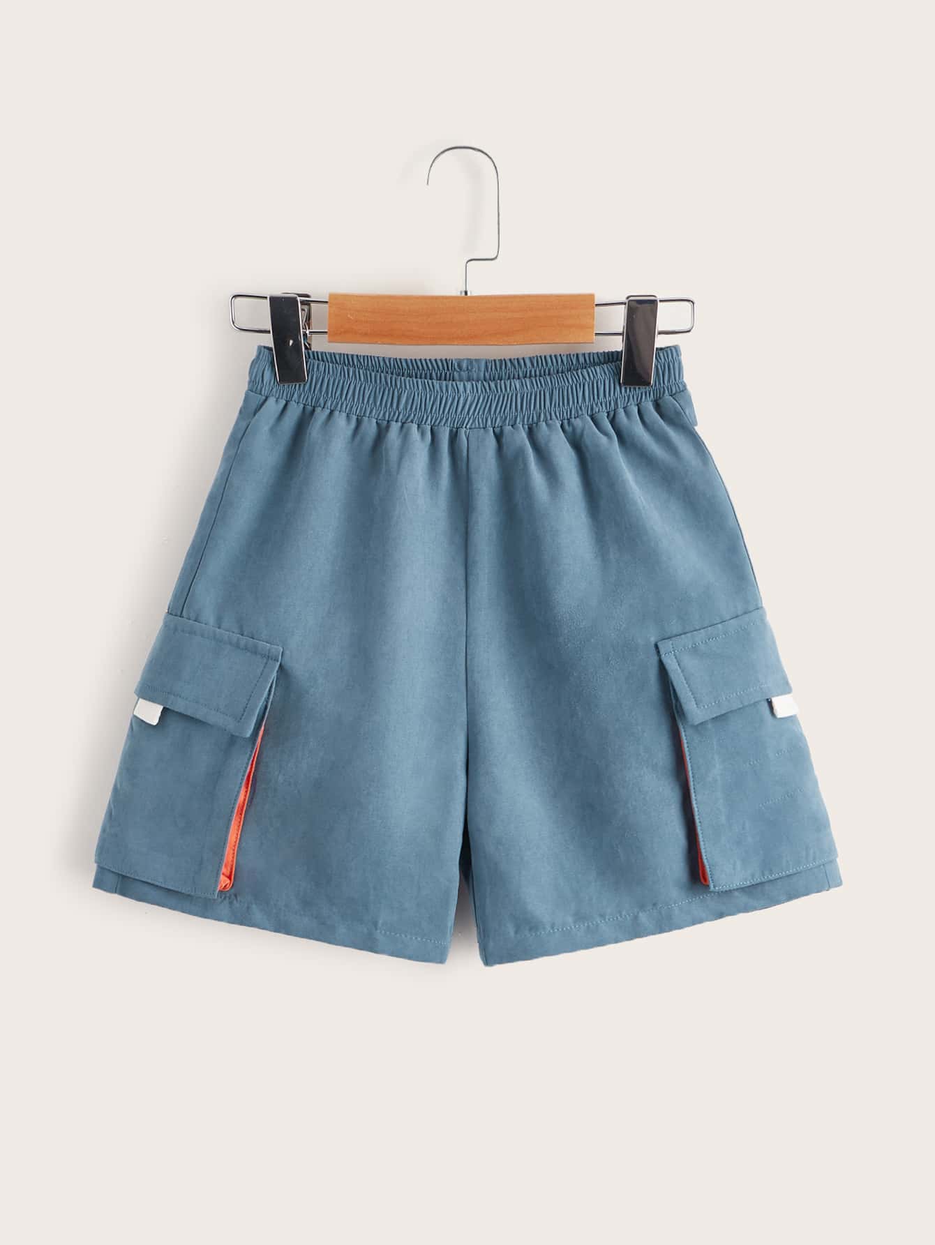 SHEIN 小男童翻蓋口袋彈性腰帶短褲 - 霧霾藍 - 查看 1