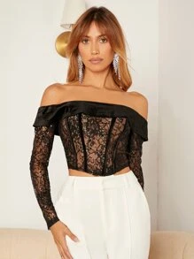 SHEIN Foldover Off Shoulder Sheer Lace Crop Top - Black - View 1