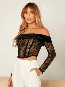 SHEIN Foldover Off Shoulder Sheer Lace Crop Top - Black - View 5
