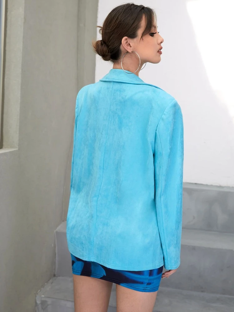 Lapel Collar Flap Pocket Suedette Blazer Without Belt