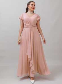 SHEIN Belle 大碼蝴蝶袖前扭結荷葉邊高衩雪紡伴娘連衣裙 - 淺粉色 - 查看 1