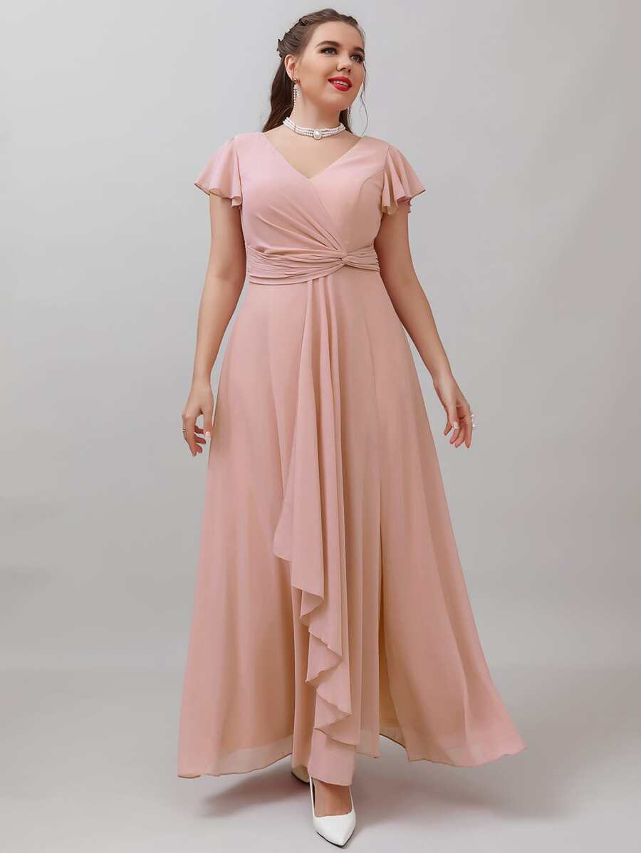 SHEIN Belle 大碼蝴蝶袖前扭結荷葉邊高衩雪紡伴娘連衣裙 - 淺粉色 - 查看 1