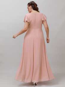 SHEIN Belle 大碼蝴蝶袖前扭結荷葉邊高衩雪紡伴娘連衣裙 - 淺粉色 - 查看 2