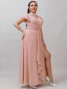 SHEIN Belle 大碼蝴蝶袖前扭結荷葉邊高衩雪紡伴娘連衣裙 - 淺粉色 - 查看 3