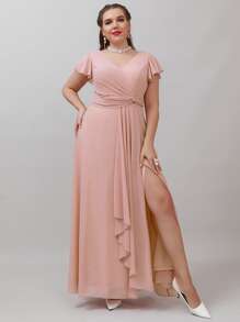 SHEIN Belle 大碼蝴蝶袖前扭結荷葉邊高衩雪紡伴娘連衣裙 - 淺粉色 - 查看 4