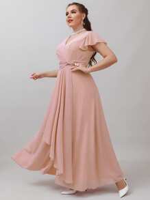 SHEIN Belle 大碼蝴蝶袖前扭結荷葉邊高衩雪紡伴娘連衣裙 - 淺粉色 - 查看 6