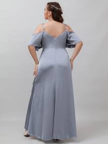 SHEIN Belle Plus Cold Shoulder Ruffle Trim Wrap Bridesmaid Dress - Dusty Blue - View 2