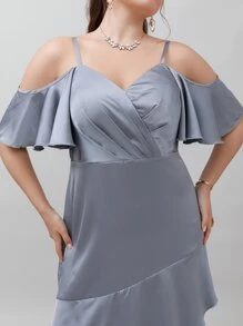 SHEIN Belle Plus Cold Shoulder Ruffle Trim Wrap Bridesmaid Dress - Dusty Blue - View 4