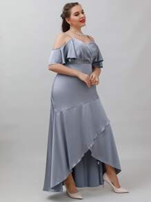 SHEIN Belle Plus Cold Shoulder Ruffle Trim Wrap Bridesmaid Dress - Dusty Blue - View 5