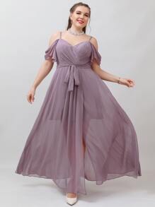 SHEIN Belle Plus Cold Shoulder Belted Chiffon Bridesmaid Dress - Mauve Purple - View 1