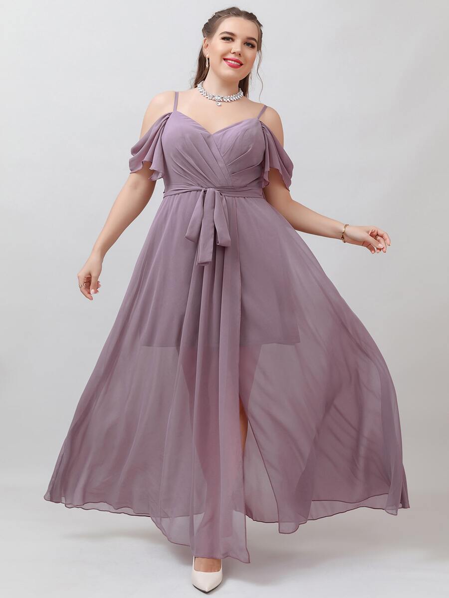 SHEIN Belle Plus Cold Shoulder Belted Chiffon Bridesmaid Dress - Mauve Purple - View 1