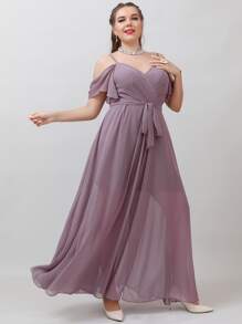 SHEIN Belle Plus Cold Shoulder Belted Chiffon Bridesmaid Dress - Mauve Purple - View 3