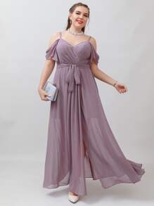 SHEIN Belle Plus Cold Shoulder Belted Chiffon Bridesmaid Dress - Mauve Purple - View 4