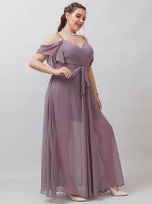 SHEIN Belle Plus Cold Shoulder Belted Chiffon Bridesmaid Dress - Mauve Purple - View 5