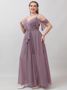 SHEIN Belle Plus Cold Shoulder Belted Chiffon Bridesmaid Dress - Mauve Purple - View 6
