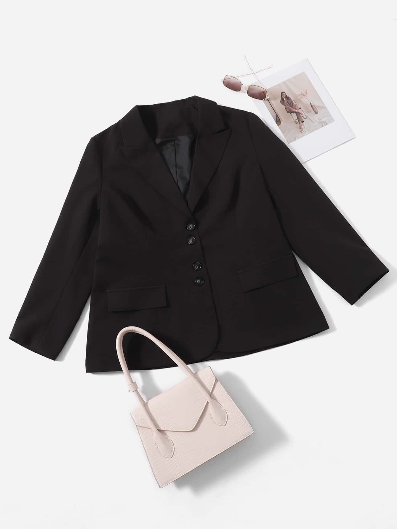 Plus Peak Collar Flap Detail Blazer - Black - View 1