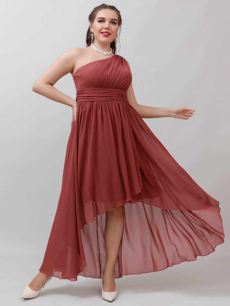 SHEIN Belle Plus One Shoulder High Low Hem Chiffon Bridesmaid Dress - Redwood - View 1
