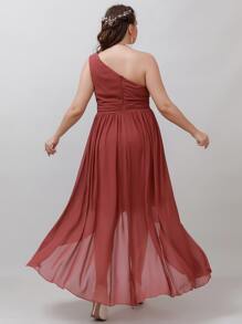 SHEIN Belle Plus One Shoulder High Low Hem Chiffon Bridesmaid Dress - Redwood - View 2
