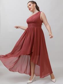 SHEIN Belle Plus One Shoulder High Low Hem Chiffon Bridesmaid Dress - Redwood - View 3