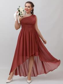 SHEIN Belle Plus One Shoulder High Low Hem Chiffon Bridesmaid Dress - Redwood - View 4