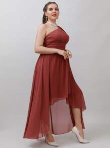 SHEIN Belle Plus One Shoulder High Low Hem Chiffon Bridesmaid Dress - Redwood - View 5