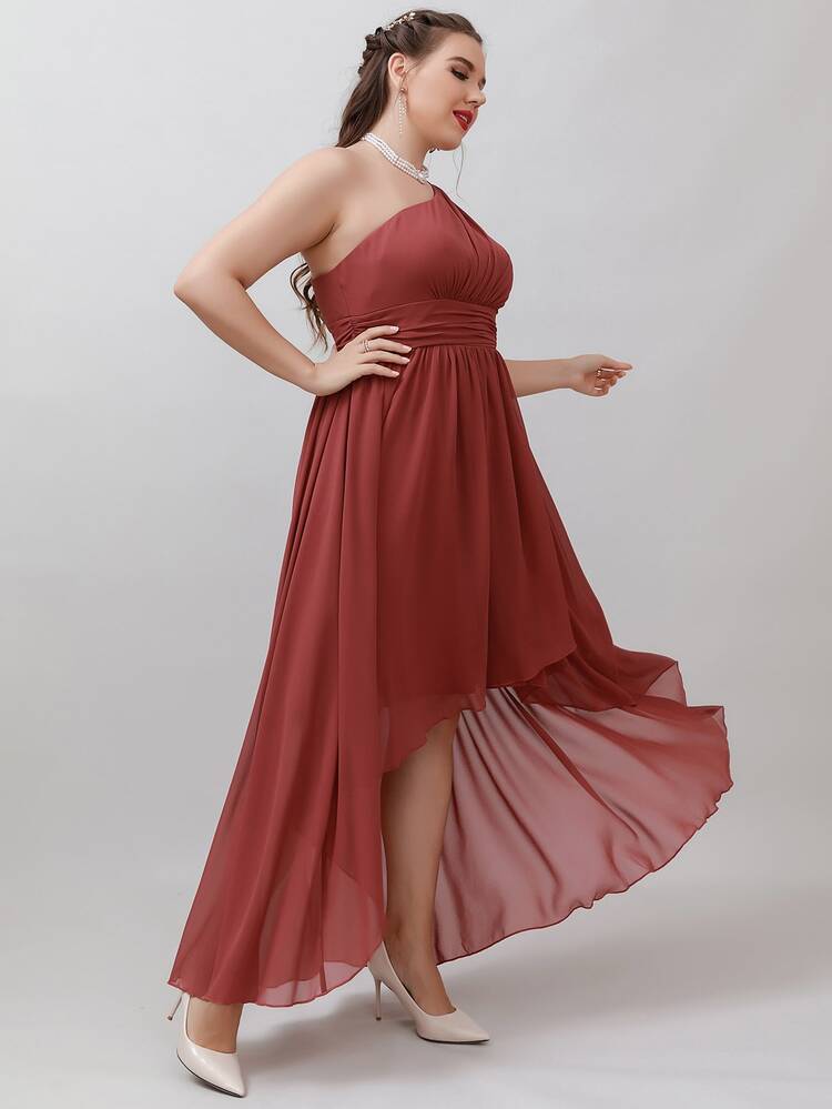 SHEIN Belle 大碼單肩高低下擺雪紡伴娘洋裝 - 紅木色 - 查看 6