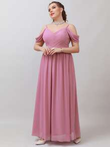 SHEIN Belle Vestido de dama de honor fruncido de hombros descubiertos maxi de gasa - Rosa - Ver 4