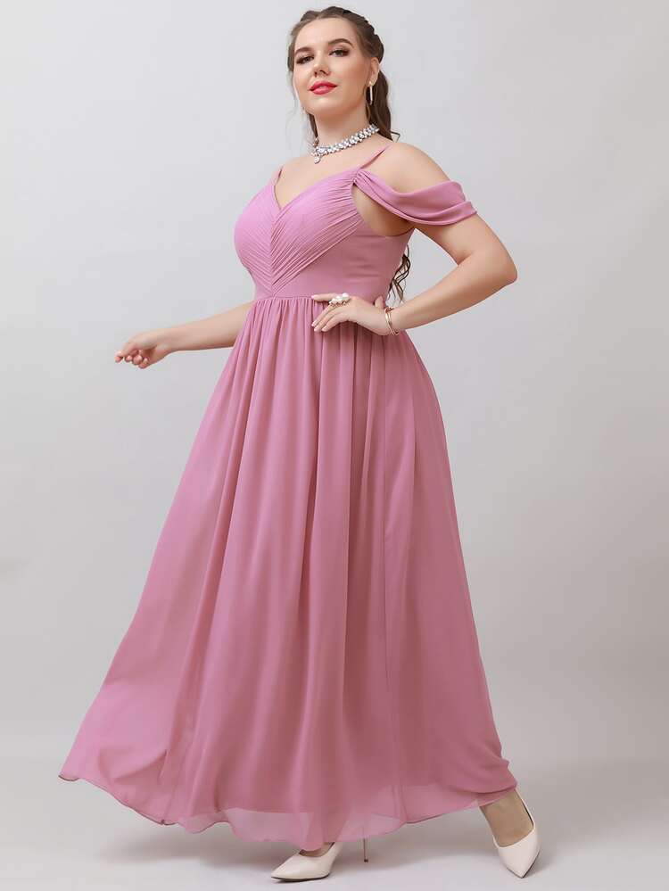 SHEIN Belle Plus Ruched Cold Shoulder Maxi Chiffon Bridesmaid Dress - Pink - View 5