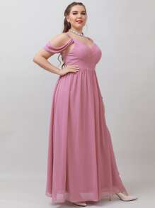 SHEIN Belle Vestido de dama de honor fruncido de hombros descubiertos maxi de gasa - Rosa - Ver 6