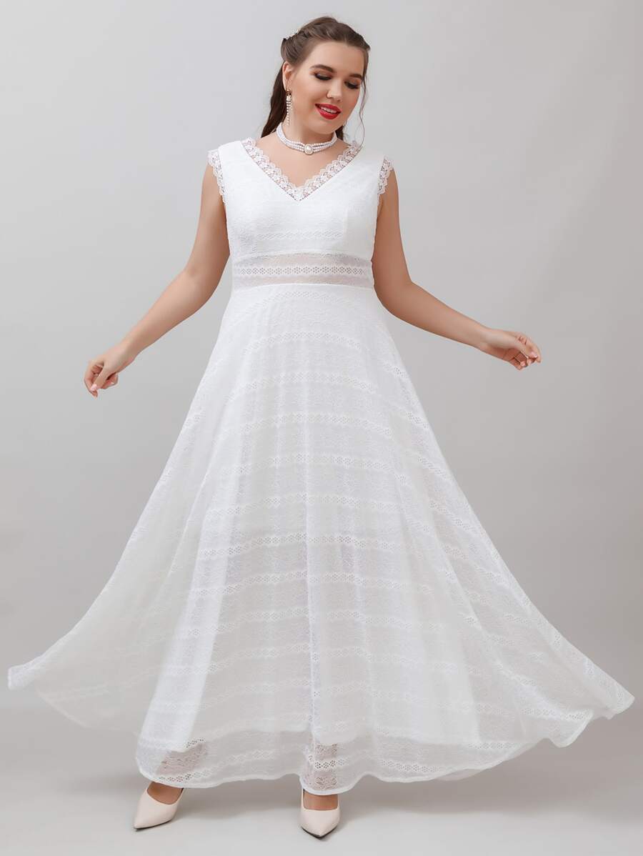 SHEIN Belle Plus Scallop Trim Maxi Lace Wedding Dress - White - View 1