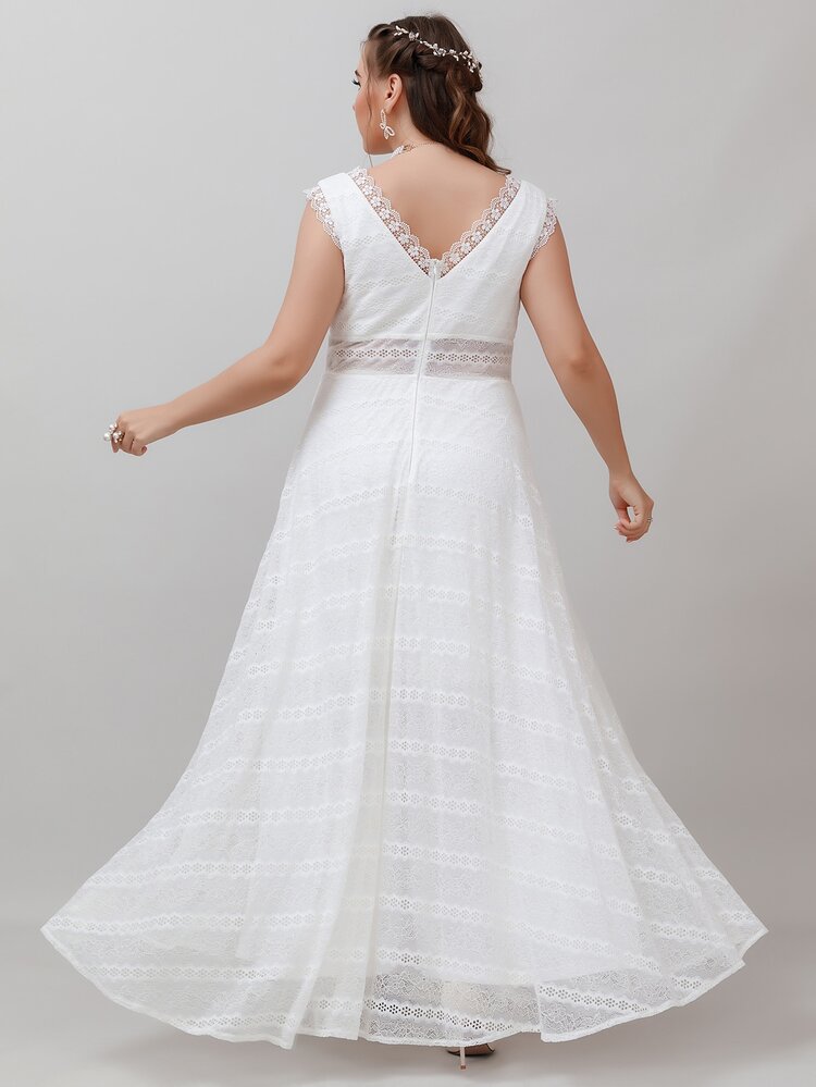 SHEIN Belle Plus Scallop Trim Maxi Lace Wedding Dress - White - View 2