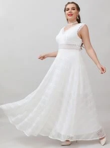SHEIN Belle Plus Scallop Trim Maxi Lace Wedding Dress - White - View 3