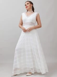 SHEIN Belle Plus Scallop Trim Maxi Lace Wedding Dress - White - View 4