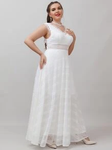 SHEIN Belle Plus Scallop Trim Maxi Lace Wedding Dress - White - View 6