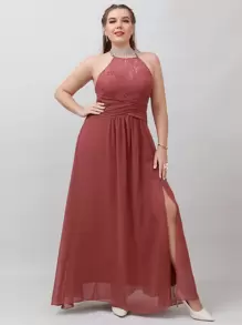 SHEIN Belle Plus Contrast Lace Tie Backless Split Thigh Chiffon Formal Dress - Redwood - View 1