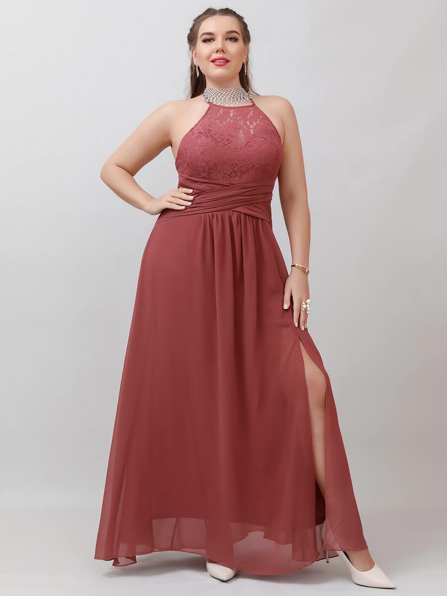 SHEIN Belle Plus Contrast Lace Tie Backless Split Thigh Chiffon Formal Dress - Redwood - View 1