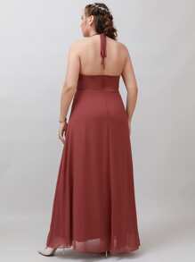 SHEIN Belle Plus Contrast Lace Tie Backless Split Thigh Chiffon Formal Dress - Redwood - View 2