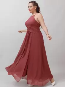 SHEIN Belle Plus Contrast Lace Tie Backless Split Thigh Chiffon Formal Dress - Redwood - View 3