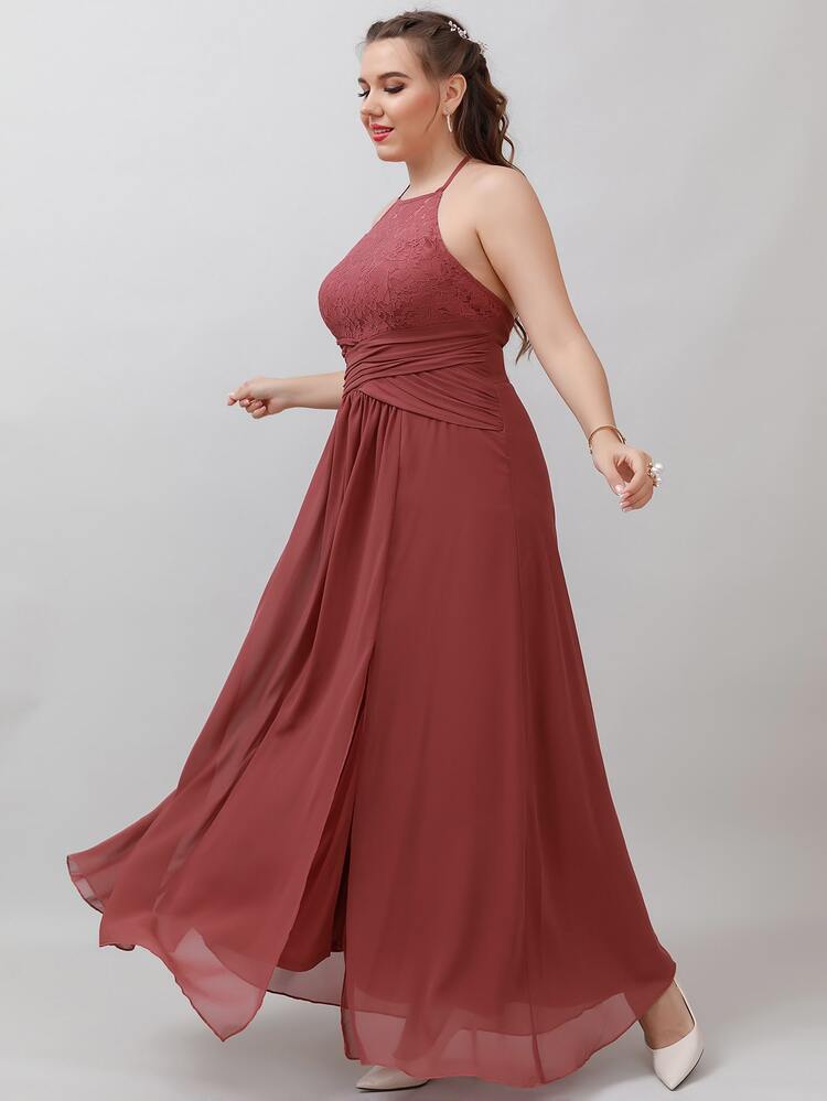 SHEIN Belle Váy phù dâu Plus Lộ Lưng Tương phản ren Buộc lại Tách cao màu trơn Hấp dẫn - Gỗ đỏ - Xem 3