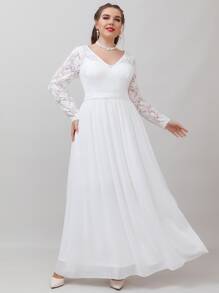 SHEIN Belle Vestido de novia con encaje en contraste de gasa maxi - Blanco - Ver 1
