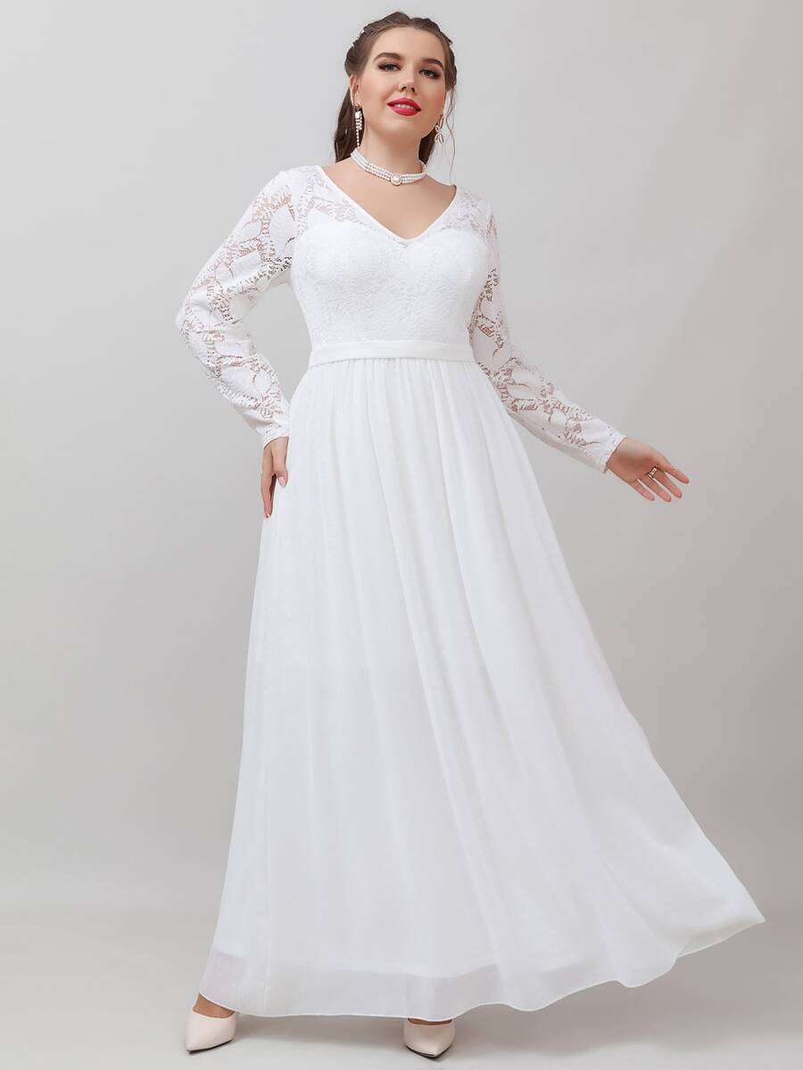 SHEIN Belle Vestido de novia con encaje en contraste de gasa maxi - Blanco - Ver 1