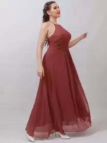 SHEIN Belle Plus Contrast Lace Tie Backless Split Thigh Chiffon Formal Dress - Redwood - View 5
