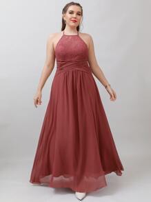 SHEIN Belle Plus Contrast Lace Tie Backless Split Thigh Chiffon Formal Dress - Redwood - View 6