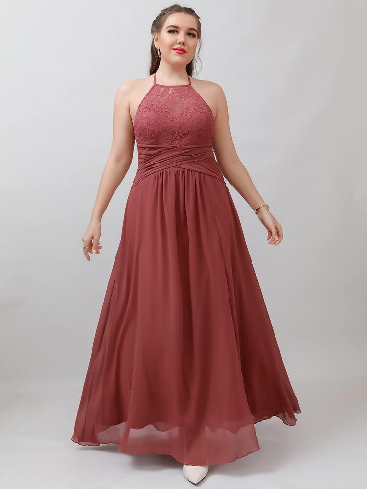 SHEIN Belle Váy phù dâu Plus Lộ Lưng Tương phản ren Buộc lại Tách cao màu trơn Hấp dẫn - Gỗ đỏ - Xem 6