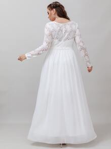 SHEIN Belle Vestido de novia con encaje en contraste de gasa maxi - Blanco - Ver 2