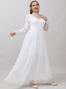 SHEIN Belle Vestido de novia con encaje en contraste de gasa maxi - Blanco - Ver 3