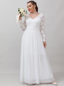 SHEIN Belle Vestido de novia con encaje en contraste de gasa maxi - Blanco - Ver 4