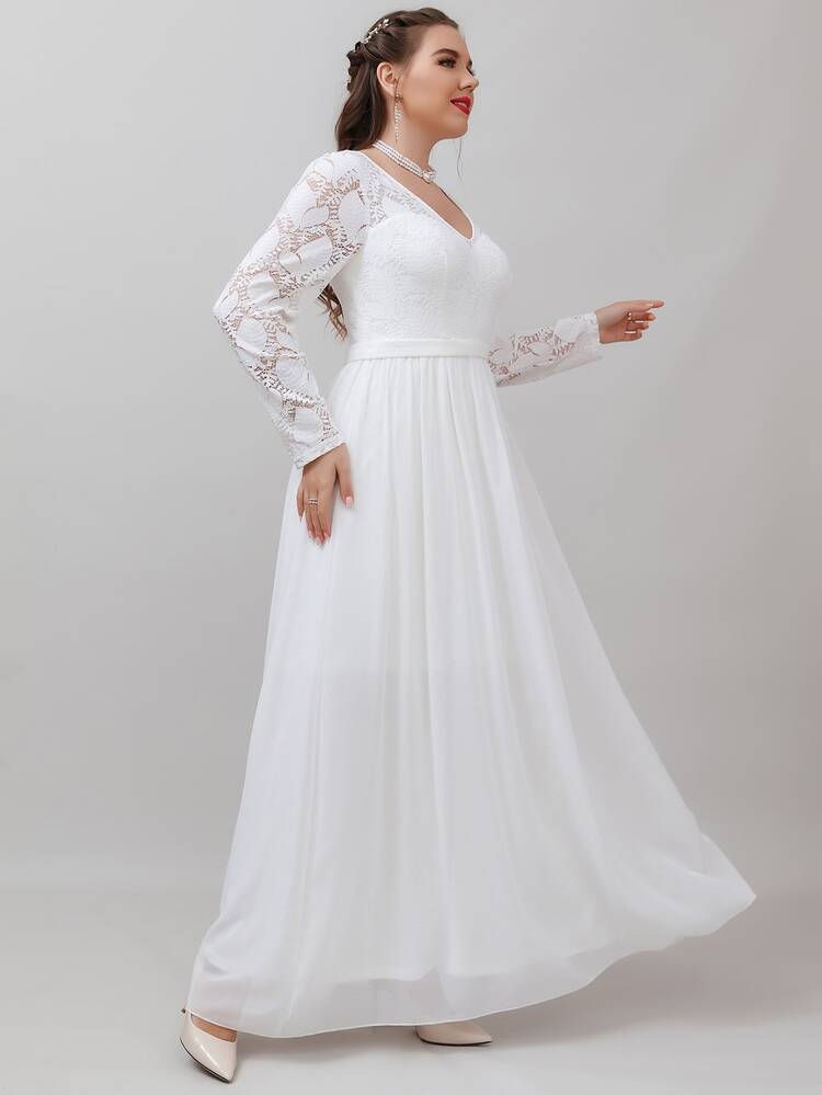 SHEIN Belle Plus Contrast Lace Chiffon Maxi Wedding Dress - White - View 5